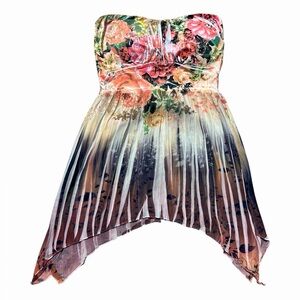Bebe Floral Watercolor Asymmetrical Hem Ruched Flow Y2k Strapless Rhinestone Top